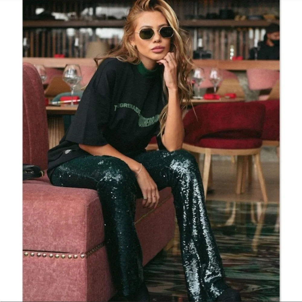 ZARA NWT BLOGGER FAVE Emerald Green Sequin Flare Leg Pants Holiday Party Pants - Picture 15 of 17